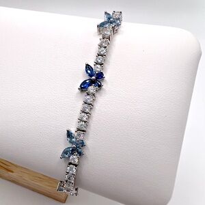 Sterling Silver Butterfly Multi Shades of Blue Cz & Clear Cz Tennis Bracelet